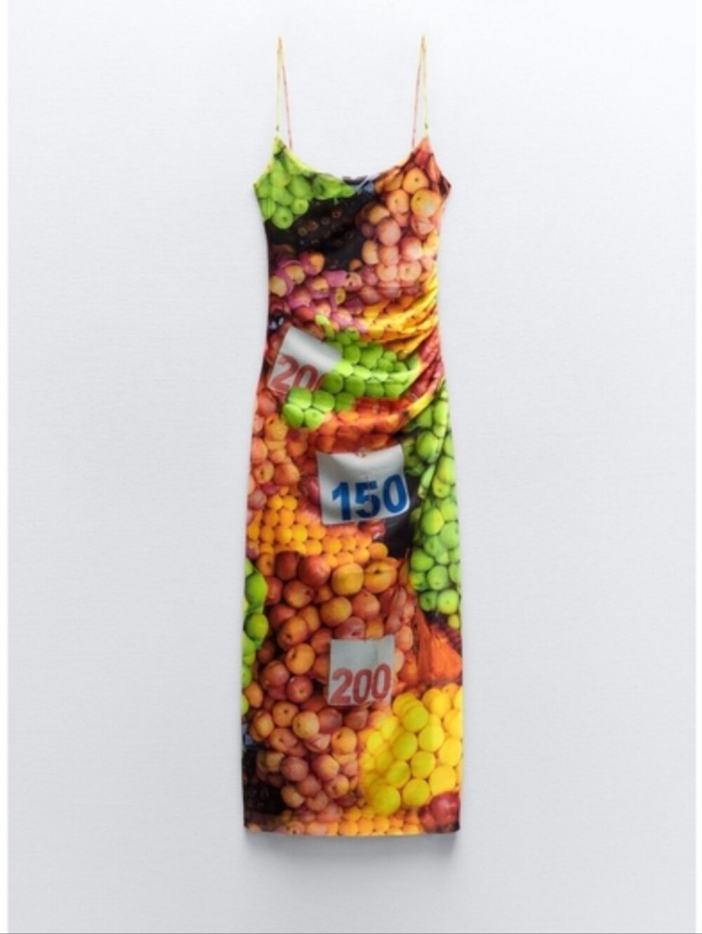 M Zara Ruched Fruit Stand Strappy Mesh Midi Dress
